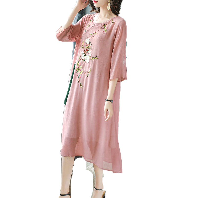 パーティードレス 花刺繍が華やぐ中華風七分袖ロングワンピース