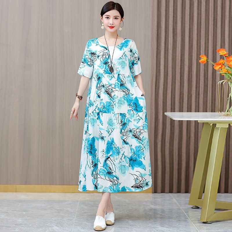 パーティードレス 小花柄丸首半袖ティアード切替ロング丈ワンピース