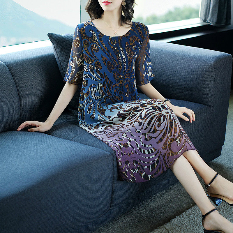 パーティードレス グラデーション柄シフォン五分袖膝丈ワンピース