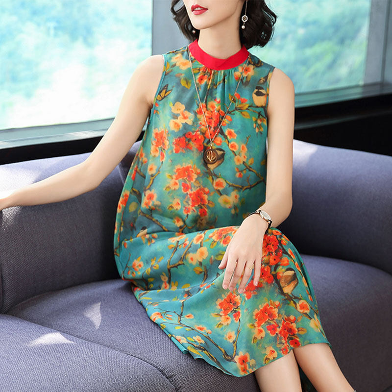 パーティードレス 華やかな花柄ノースリーブシフォンワンピース