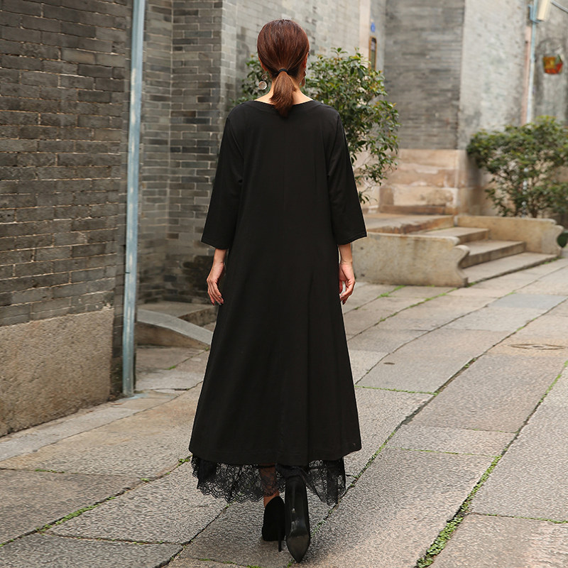 パーティードレス 蓮の花刺繍レース裾重ね着風長袖ワンピース