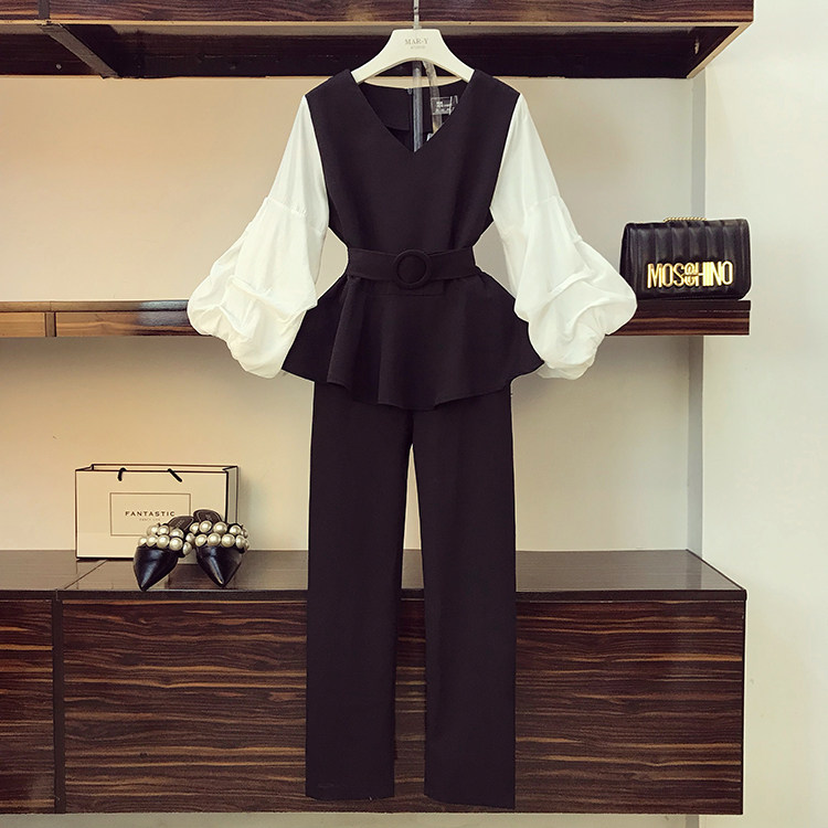 パーティードレス バルーン袖ペプラムトップスとパンツのセットアップ