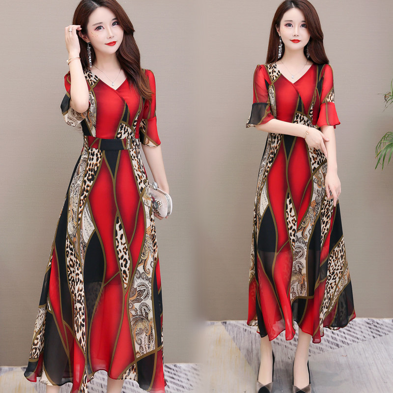 パーティードレス 豹柄スカーフ柄シフォンフレア袖ロング丈ワンピース