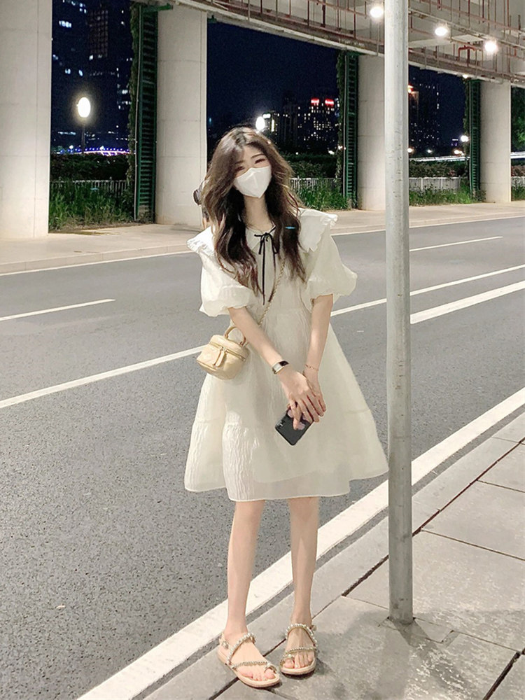 パーティードレス フリル袖リボン付き膝丈エアリーワンピース