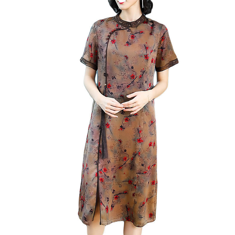 パーティードレス 花柄刺繍シースルー半袖膝丈ワンピース