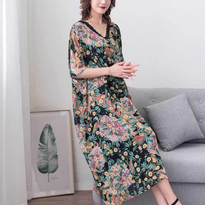 パーティードレス 花柄ボタニカル五分袖ゆったりロング丈ワンピース