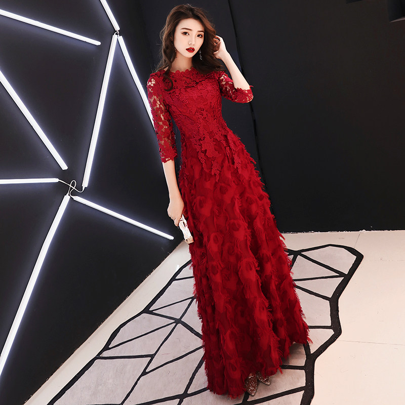 パーティードレス 立体フラワー刺繍レース七分袖ロングドレス