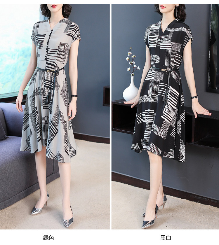 パーティードレス 幾何学模様プリント半袖ウエストリボンミディ丈ワンピース