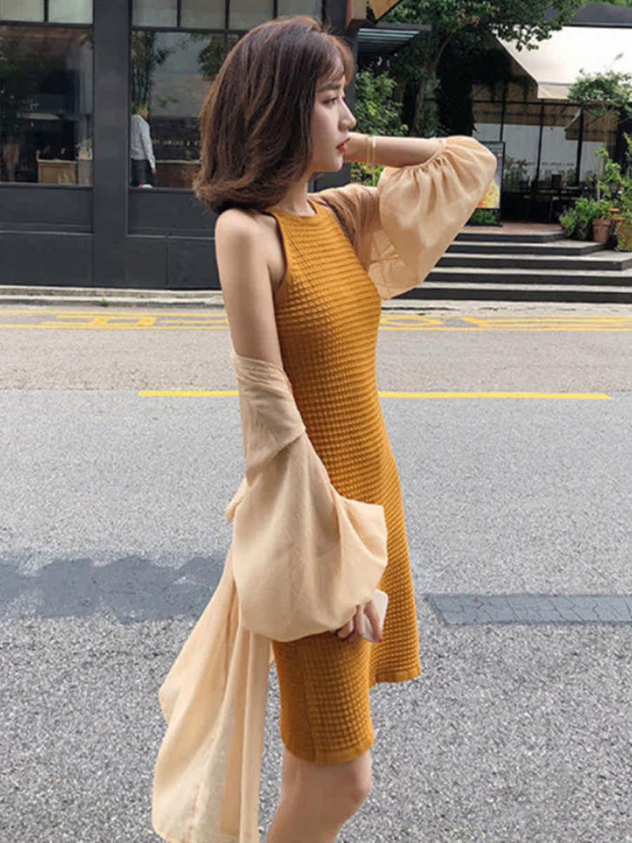 パーティードレス ホルターネックリブニットボディコンワンピース