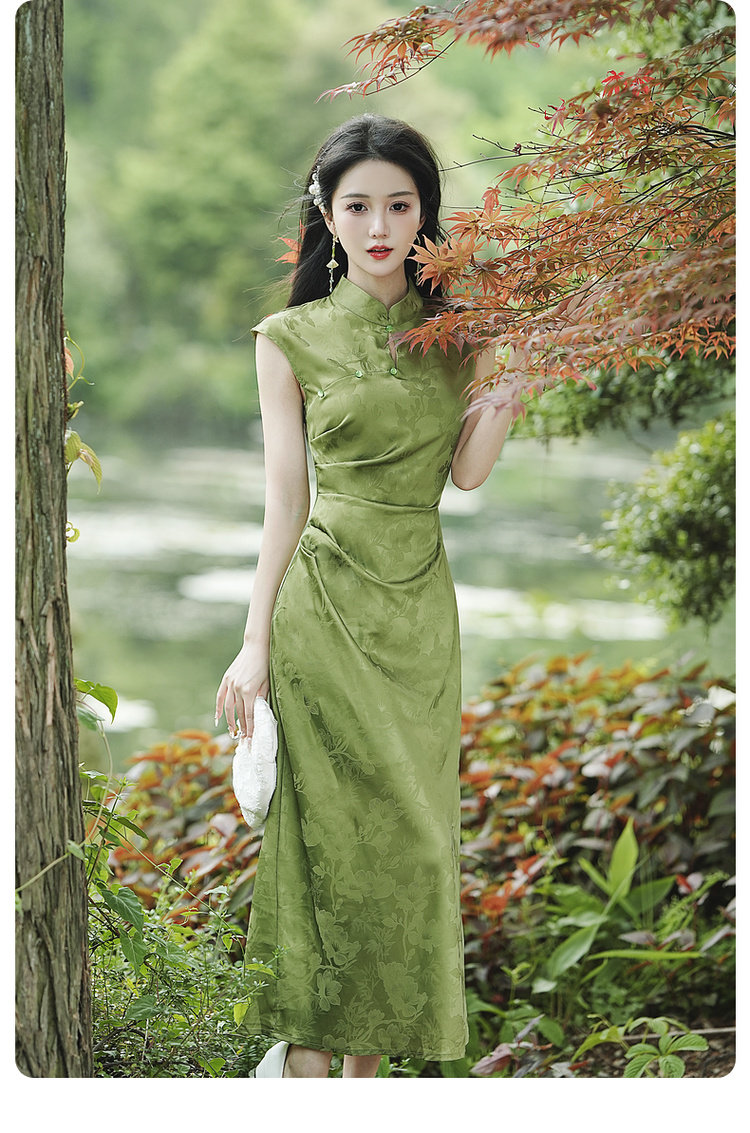 パーティードレス チャイナ風スタンドカラーノースリーブロング丈ワンピース