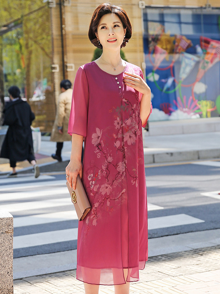 パーティードレス 花柄プリント五分袖シフォン重ね着風膝丈ワンピース