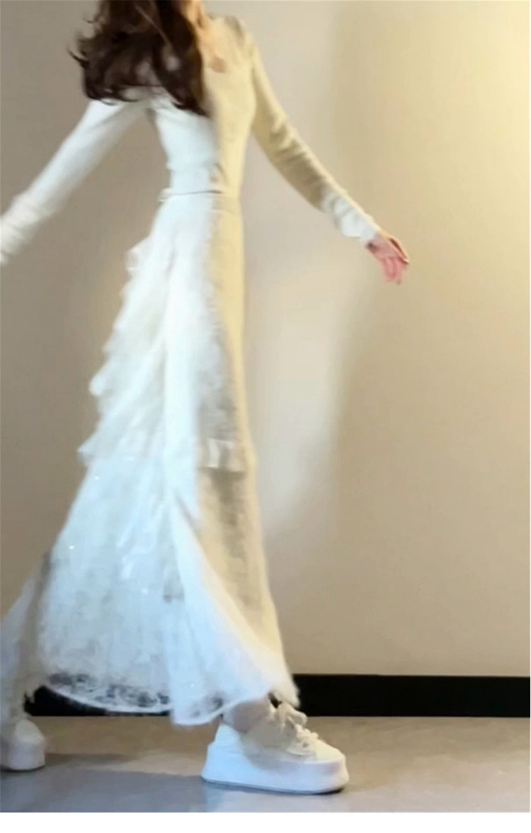 パーティードレス 長袖チュール切替マーメイドラインワンピース