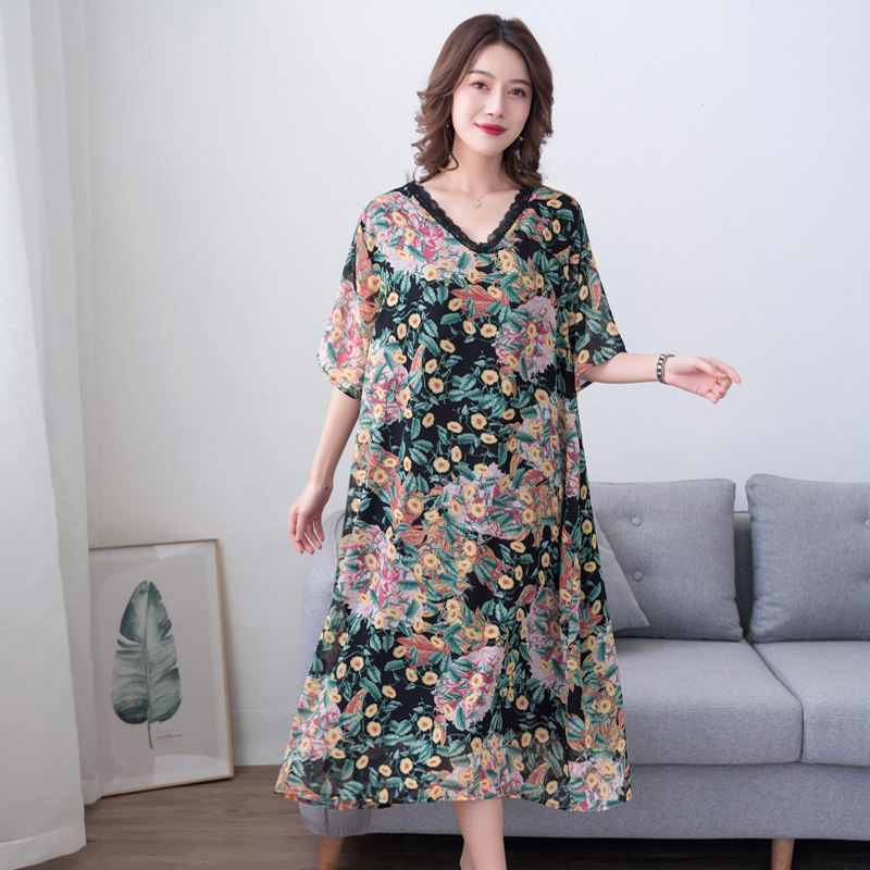 パーティードレス 花柄ボタニカル五分袖ゆったりロング丈ワンピース