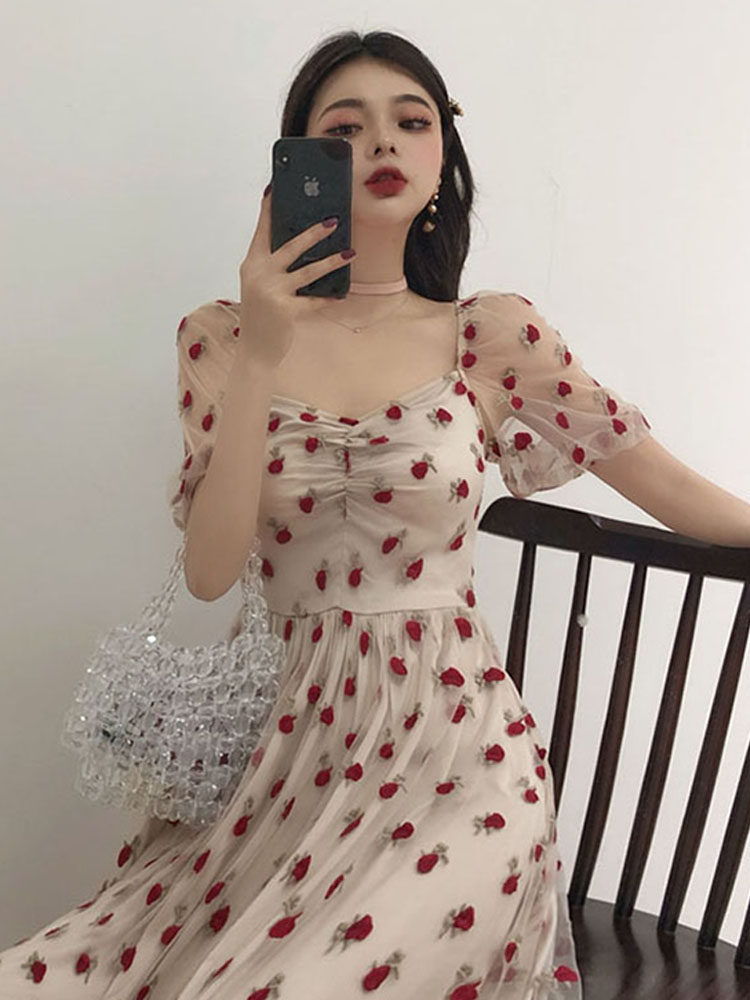 パーティードレス 小花柄刺繍パフスリーブシアーロングワンピース