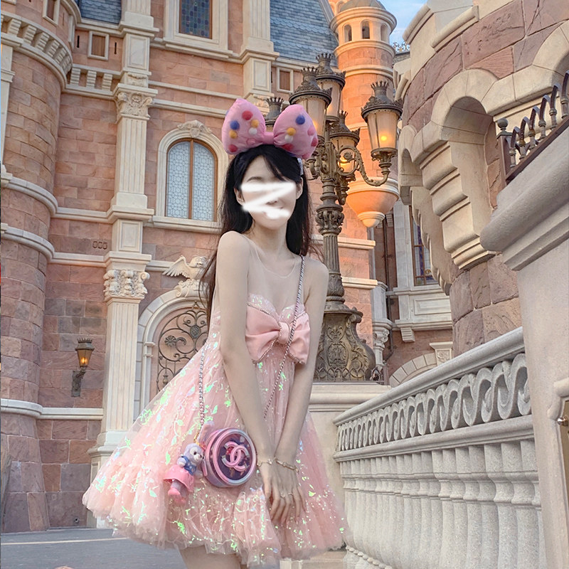 パーティードレス 大きなリボンとスパンコール輝く姫系チュールワンピース