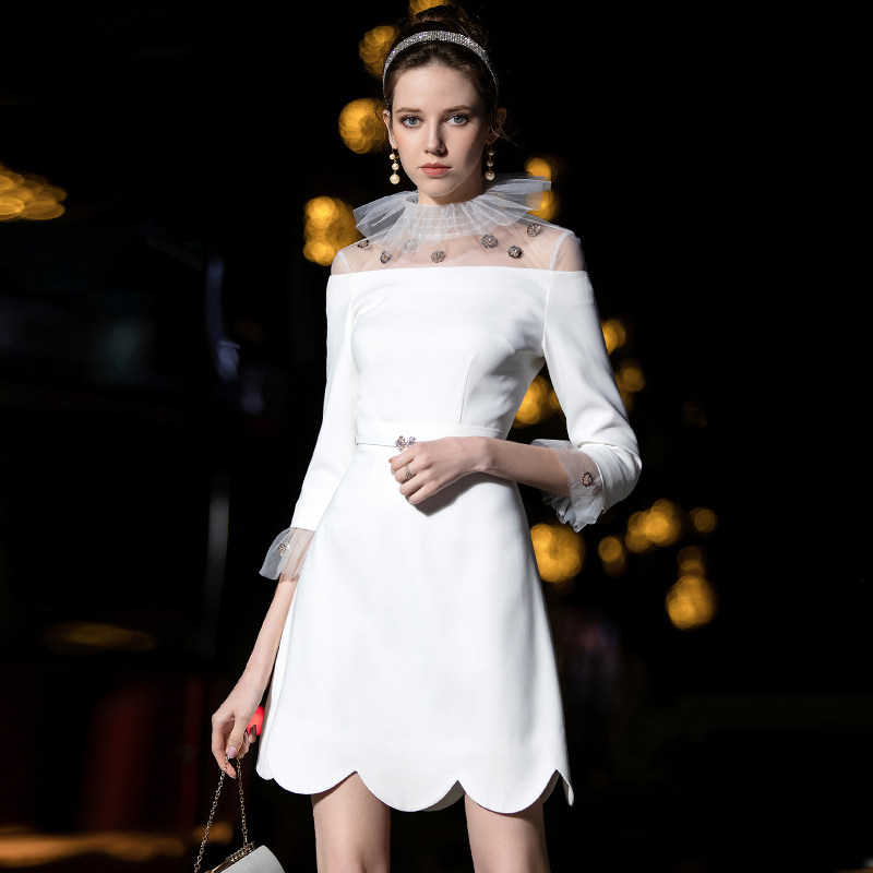 パーティードレス チュール襟ビジュー付きスカラップ裾ワンピース