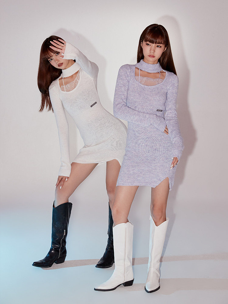 パーティードレス タートルネック切替ニットミニ丈ワンピース
