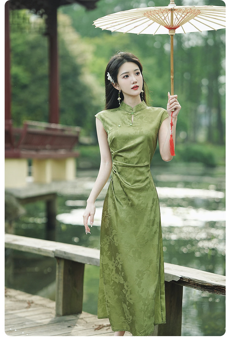 パーティードレス チャイナ風スタンドカラーノースリーブロング丈ワンピース