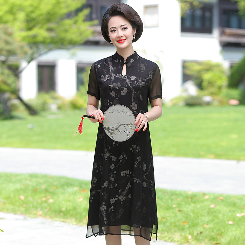 パーティードレス 梅花刺繍チャイナ風半袖ワンピース