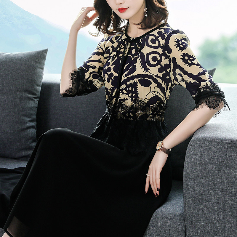 パーティードレス 花柄刺繍レース袖付きシフォン切替ワンピース