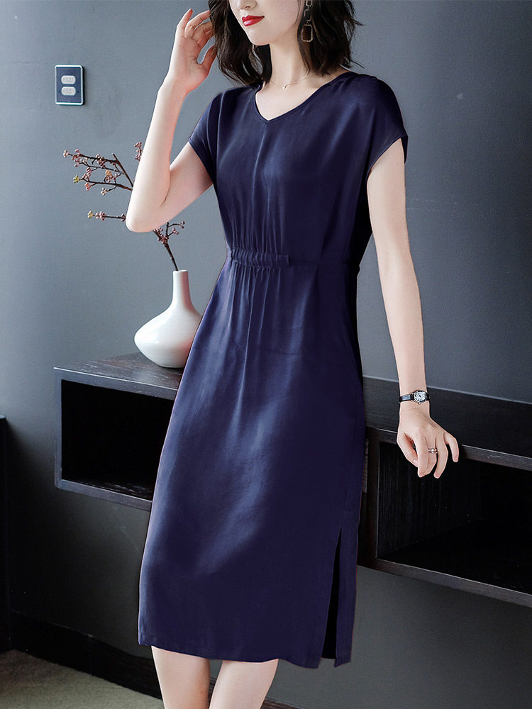 パーティードレス ウエストギャザー半袖ブイネックワンピース