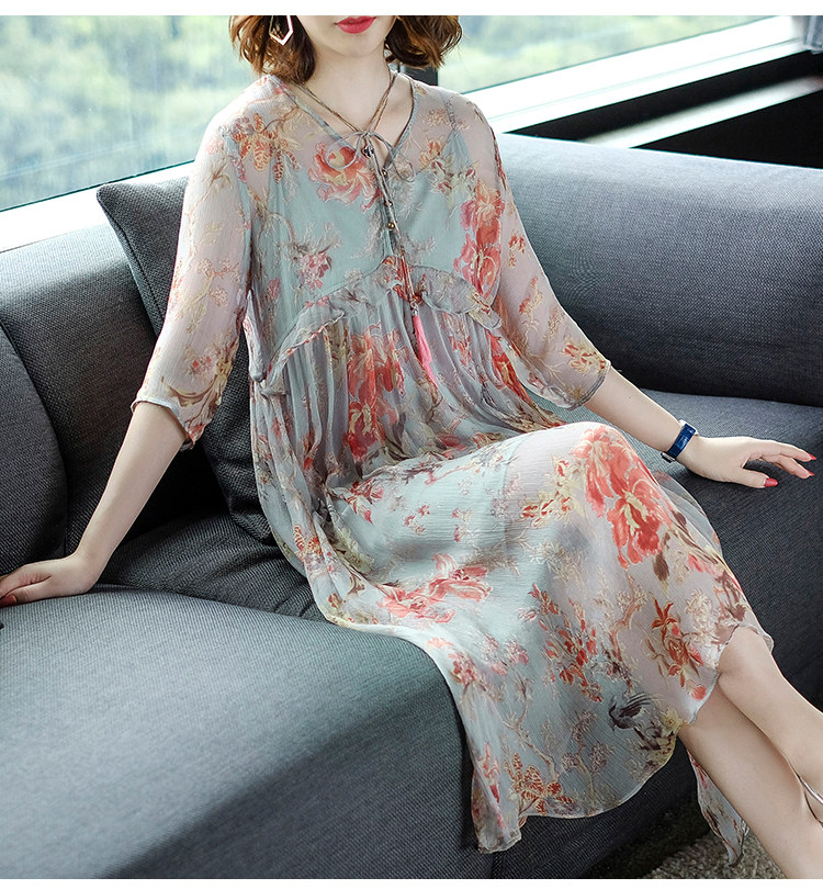 パーティードレス 花柄シフォン素材エレガント膝丈ワンピース