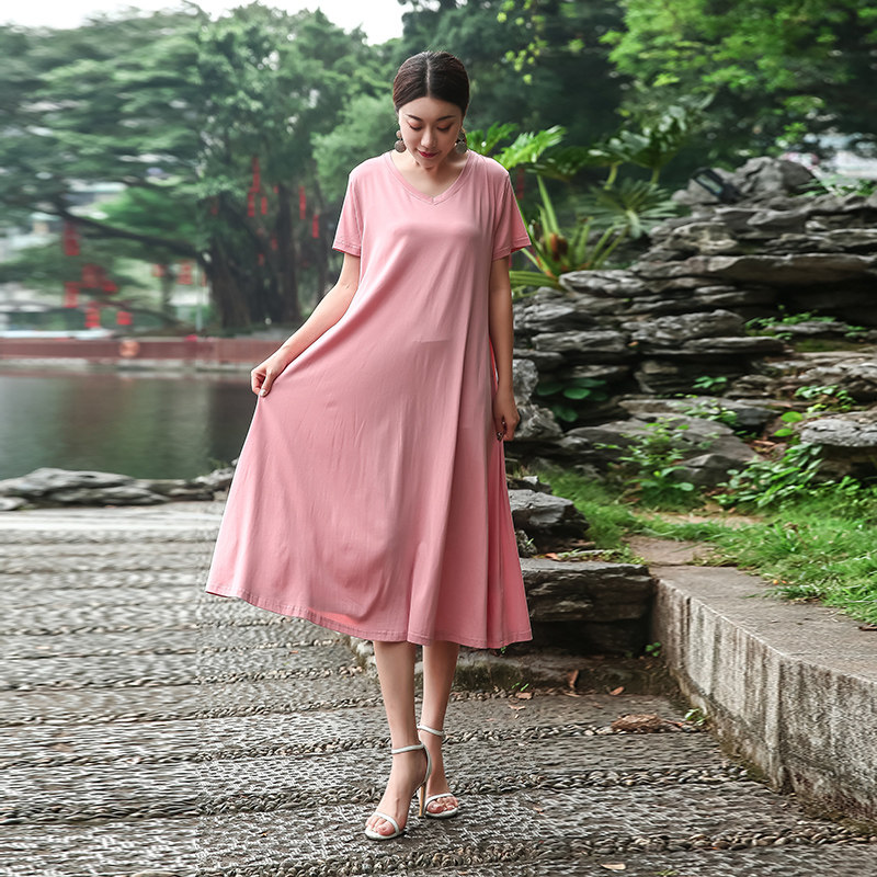 パーティードレス ゆったり半袖Vネックミディ丈ワンピース