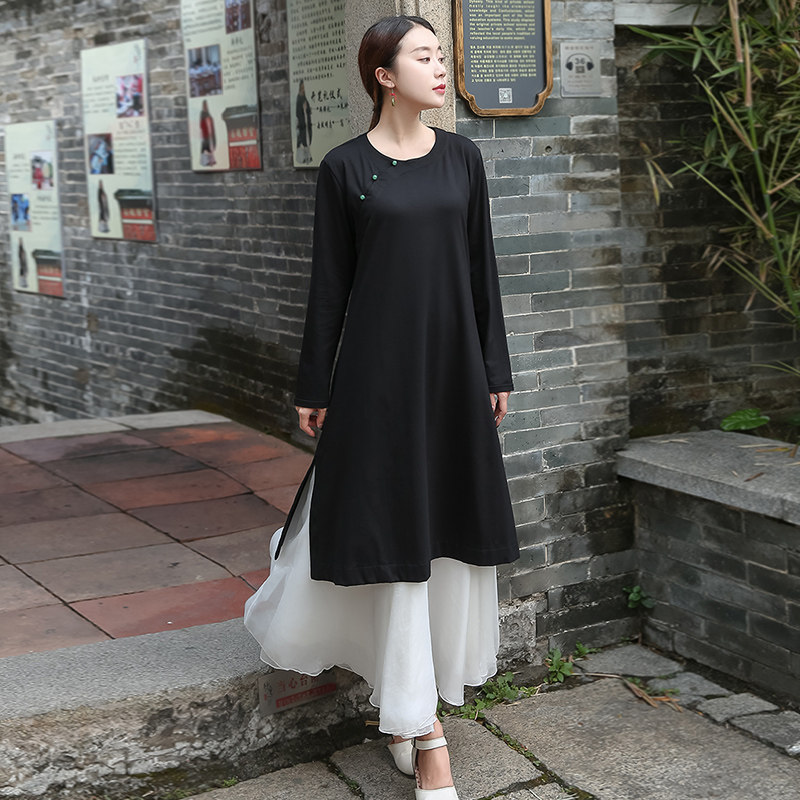 パーティードレス 重ね着風レイヤードデザイン長袖ワンピース