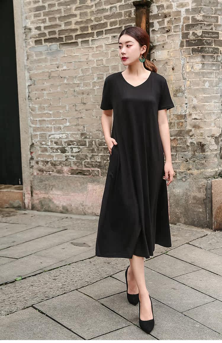 パーティードレス ゆったり半袖Vネックミディ丈ワンピース