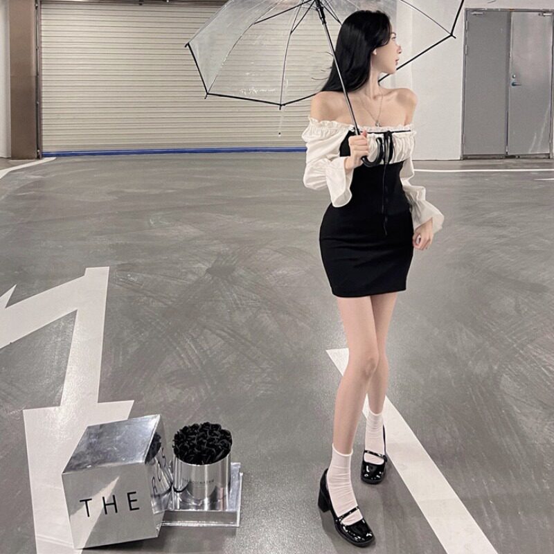 パーティードレス オフショルダーバルーンスリーブミニ丈ワンピース