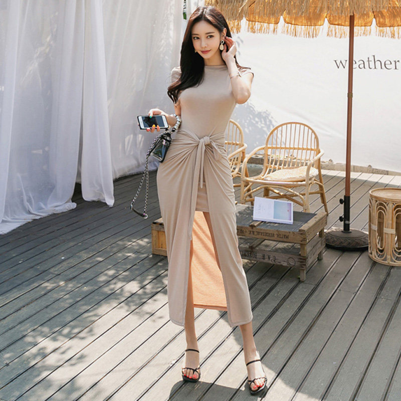 パーティードレス サイドドレープリボン付きタイトシルエットワンピース