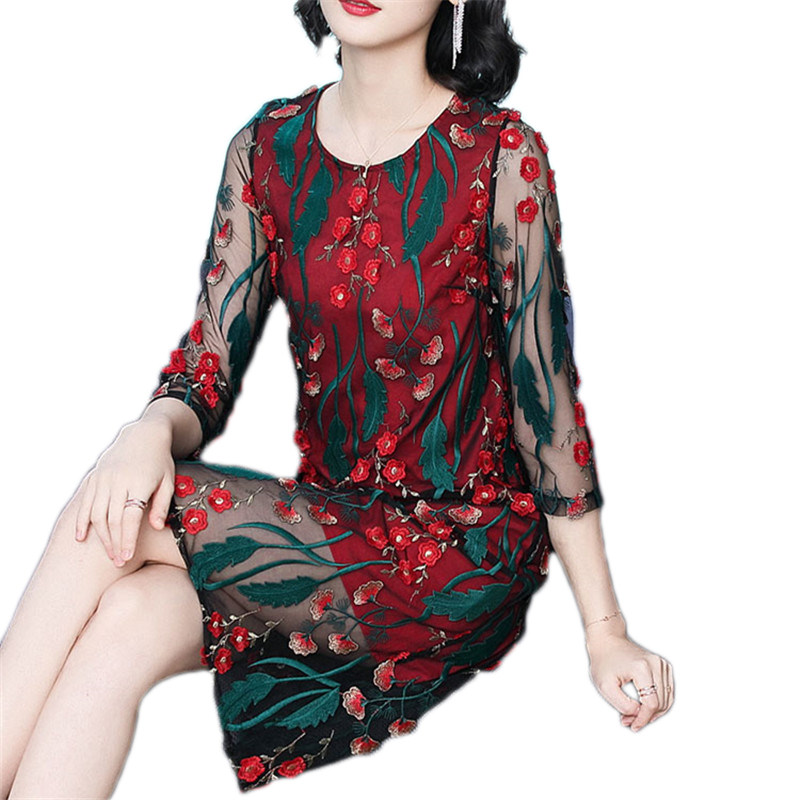 パーティードレス 花刺繍シースルー袖エレガントワンピース