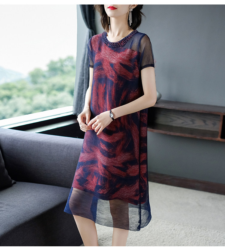 パーティードレス ビジュー襟シフォン半袖ミディ丈ワンピース