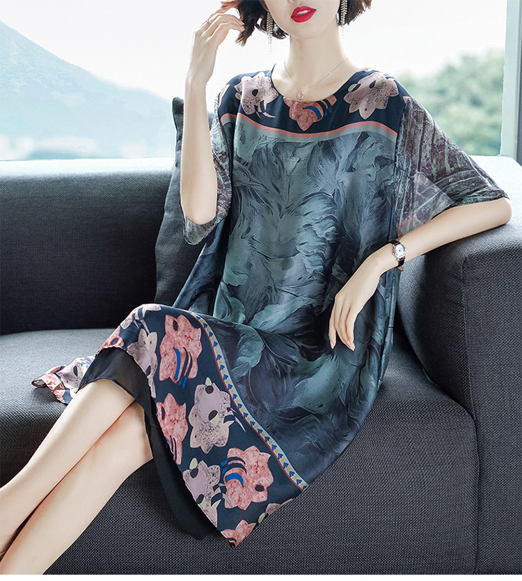 パーティードレス 花柄切替デザイン五分袖シルク調ワンピース