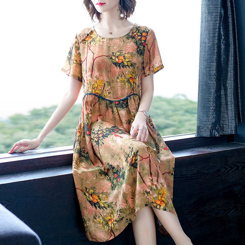 パーティードレス 花柄プリント半袖ウエスト切替ミディ丈ワンピース