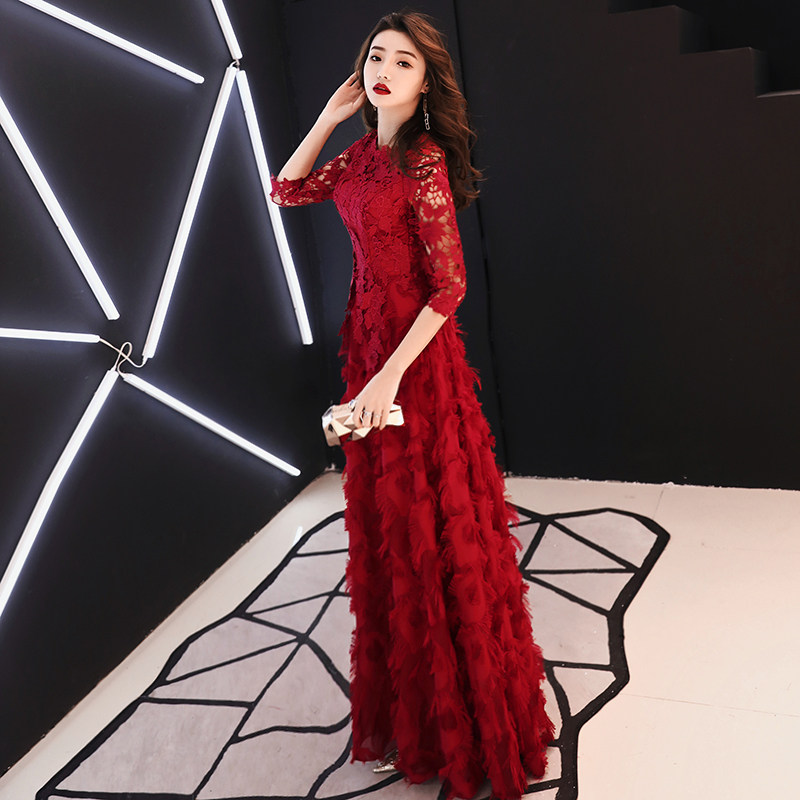 パーティードレス 立体フラワー刺繍レース七分袖ロングドレス