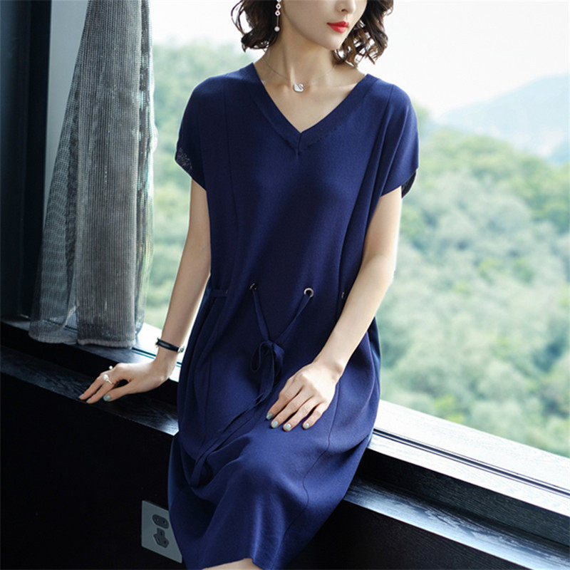 パーティードレス 裾紐調節可能なブイネック半袖ワンピース