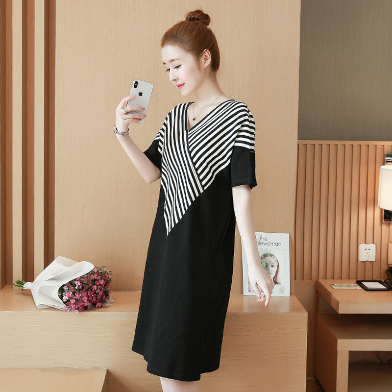 パーティードレス 斜めストライプ切替ブイネック五分袖ワンピース