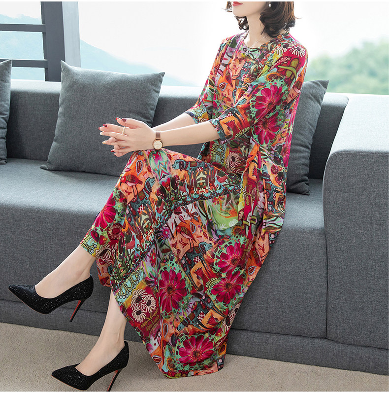 パーティードレス 華やかな花柄プリント七分袖ロング丈ワンピース