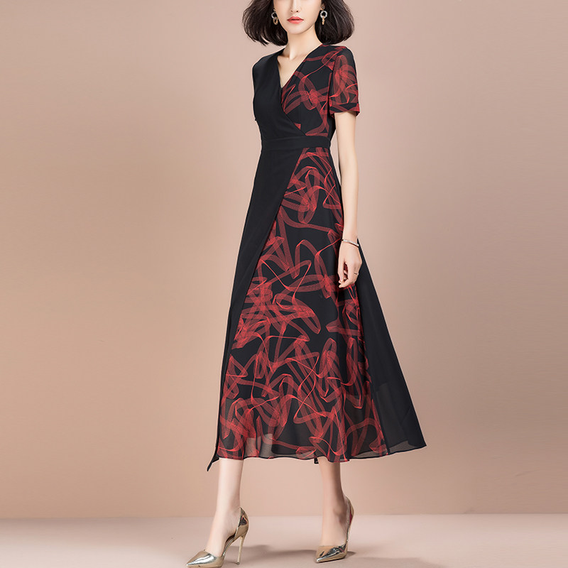 パーティードレス 花柄切替デザイン半袖ミディ丈ワンピース