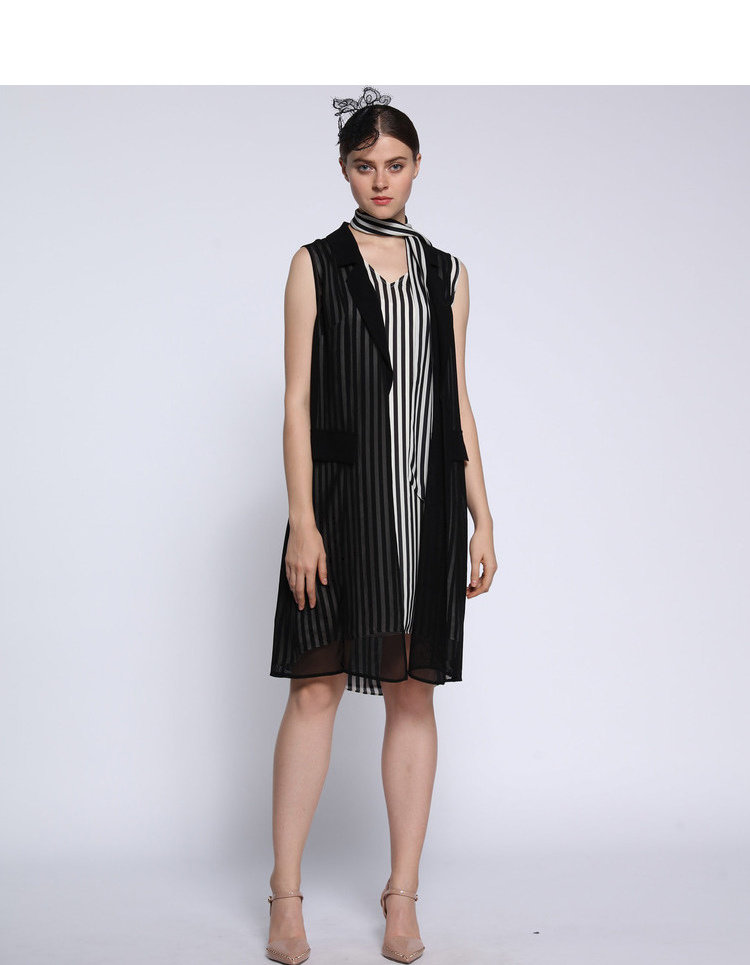 パーティードレス 縦縞柄レイヤード風スカーフ付きノースリーブワンピース