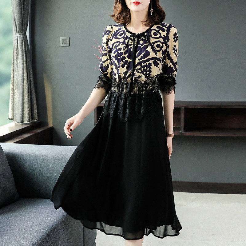 パーティードレス 花柄刺繍レース袖付きシフォン切替ワンピース