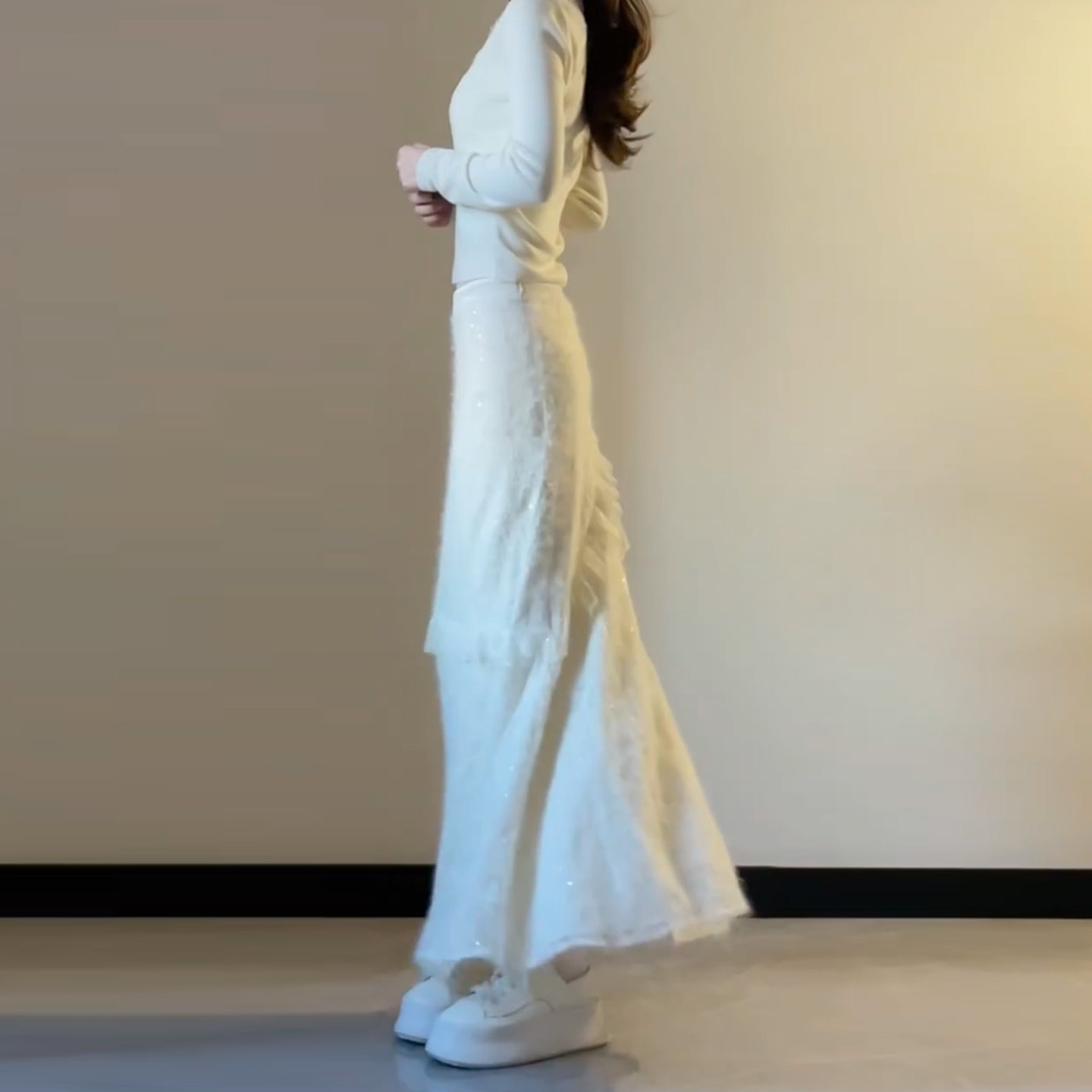 パーティードレス 長袖チュール切替マーメイドラインワンピース