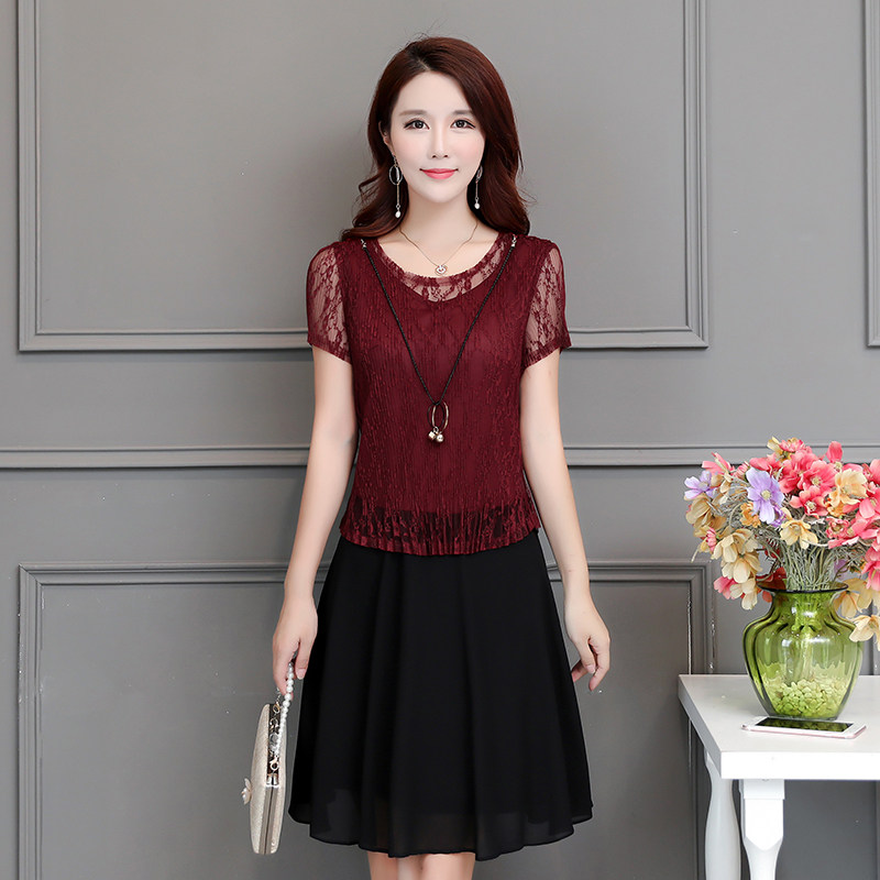 パーティードレス 総レース切替シフォンフレア膝丈ワンピース