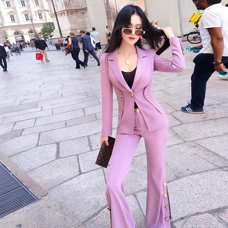 パーティードレス ゴールドボタンテーラードジャケット裾スリットパンツセットアップ