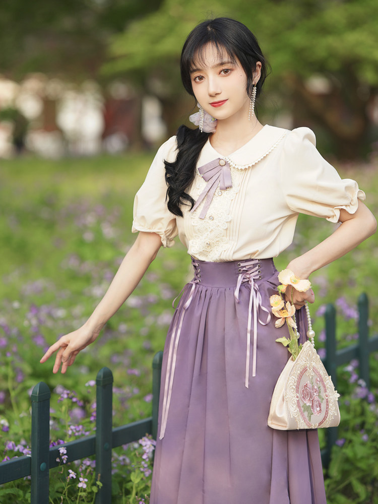 パーティードレス パフスリーブリボン付きロングボリュームスカートワンピース