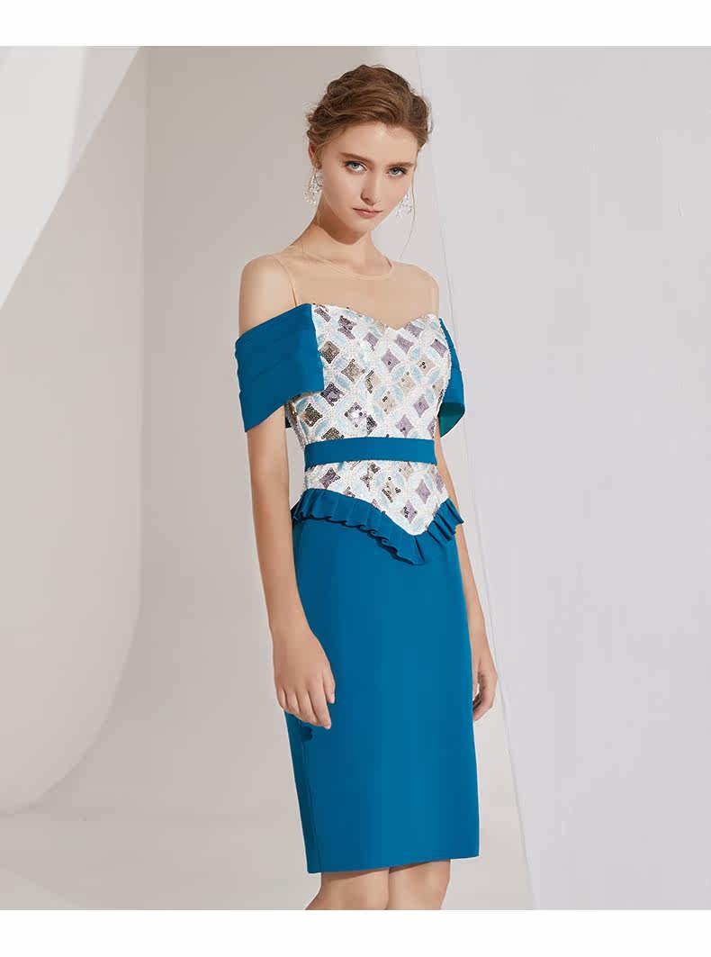 パーティードレス オフショルダー幾何学模様ビジュータイトワンピース