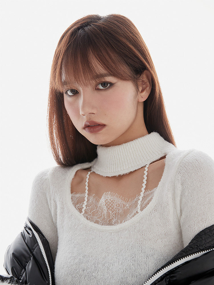 パーティードレス タートルネック切替ニットミニ丈ワンピース