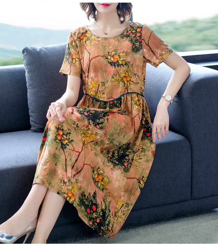 パーティードレス 花柄プリント半袖ウエスト切替ミディ丈ワンピース