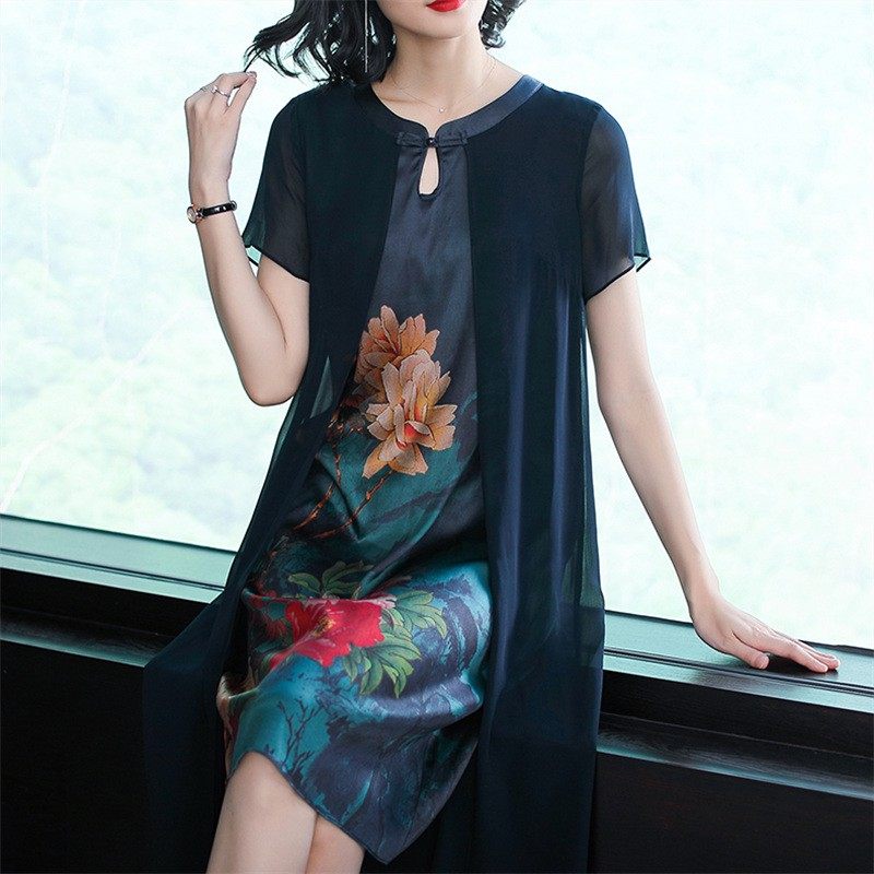 パーティードレス 大輪花柄シフォン切替半袖膝丈ワンピース